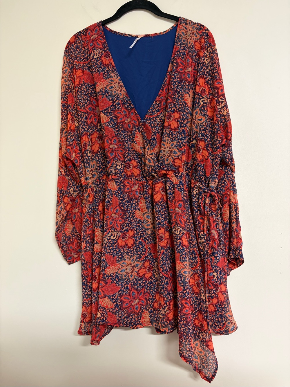 Free People Boho Floral V-Neck Mini Dress - Red & Navy